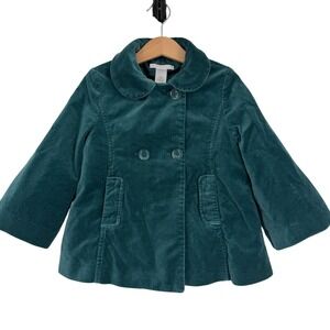 Janie and Jack Girl's Green Velvet Double Breasted Coat‎ Sz 2T-3 Formal Holiday